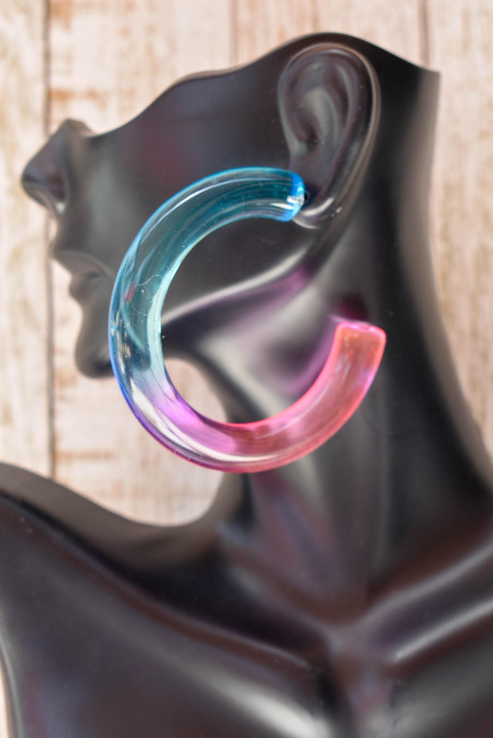 Translucent Gradient Blue Purple Pink Retro Boho Statement Chunky Lucite Ombre Hoop Earrings Fun Earrings Costume Accessories Womens Hoops