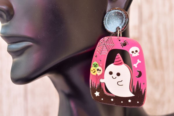 Abstract Shape Halloween Cute Ghost Glitter Acrylic Neon Pink Holiday Women Girls Dangle Earrings Emo Goth Steampunk