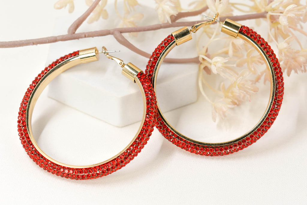 2.5" Large Red Bling Diva Pave Resin Set Rhinestone Hoop Earrings Women Party Night Out