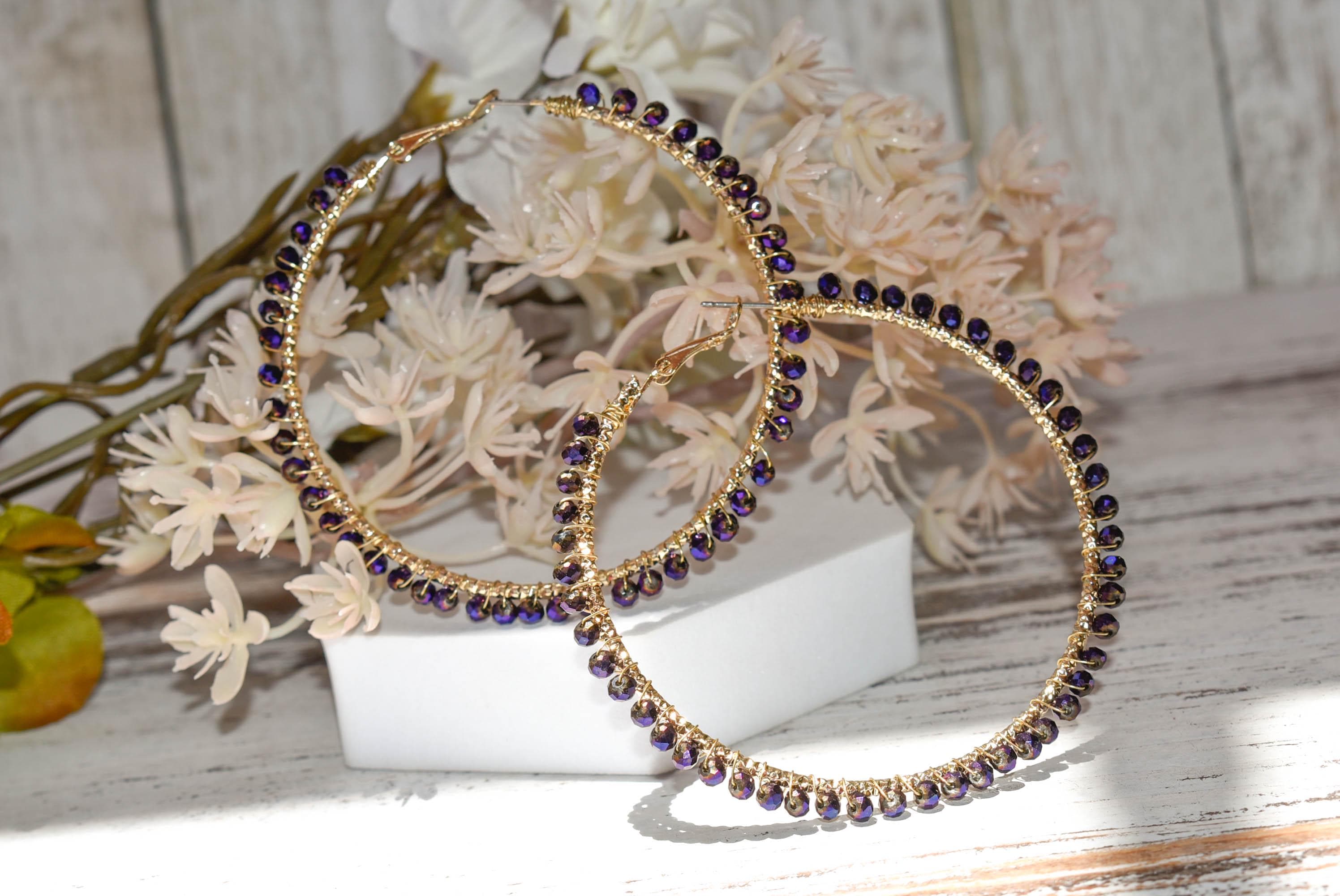 Boho Hematite Purple Mini Crystal Glass Beads 2.75" Gold Tone Hoops