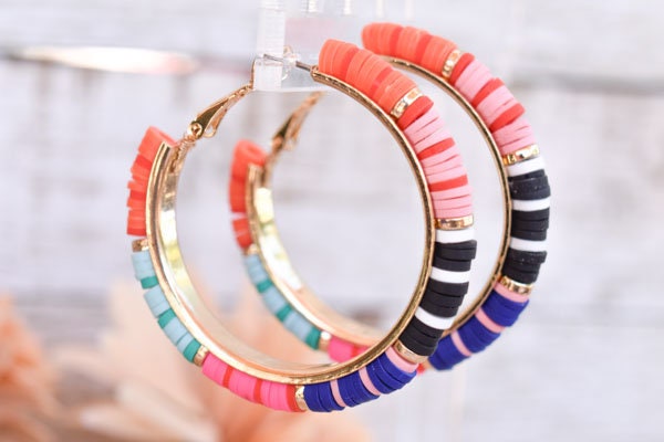 Boho Chic Statement Multicolor Polymer Dark Discs Gold Tone Lever Back Hoop Earrings Women Gifts