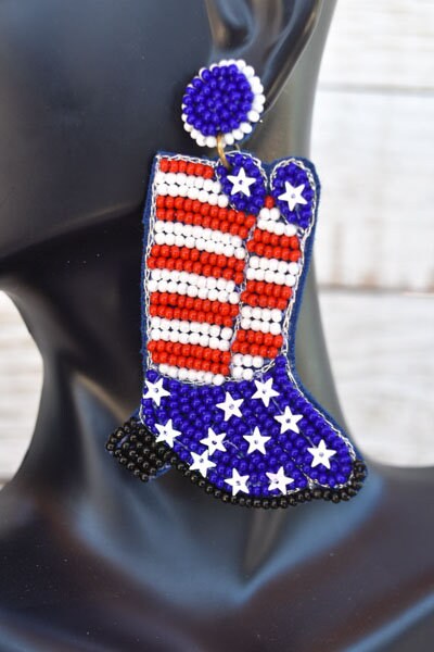 Statement Diva American Flag Patriotic Boots Red White & Blue 2.75" Drop Dangle Seed Bead Earrings