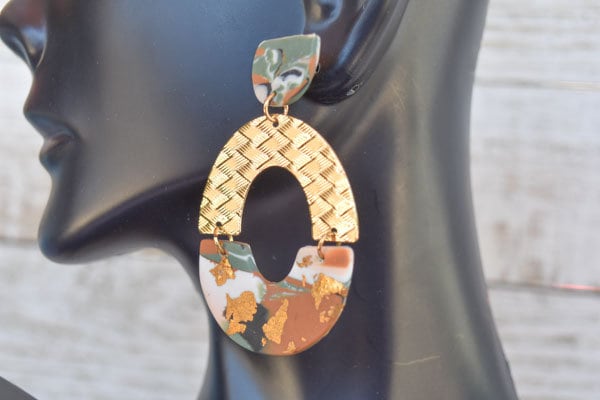 Boho Fashion Statement Handmade Camouflage Polymer Clay Gold Flakes "Alma Army" Dangle Drop Earrings Gifts Women