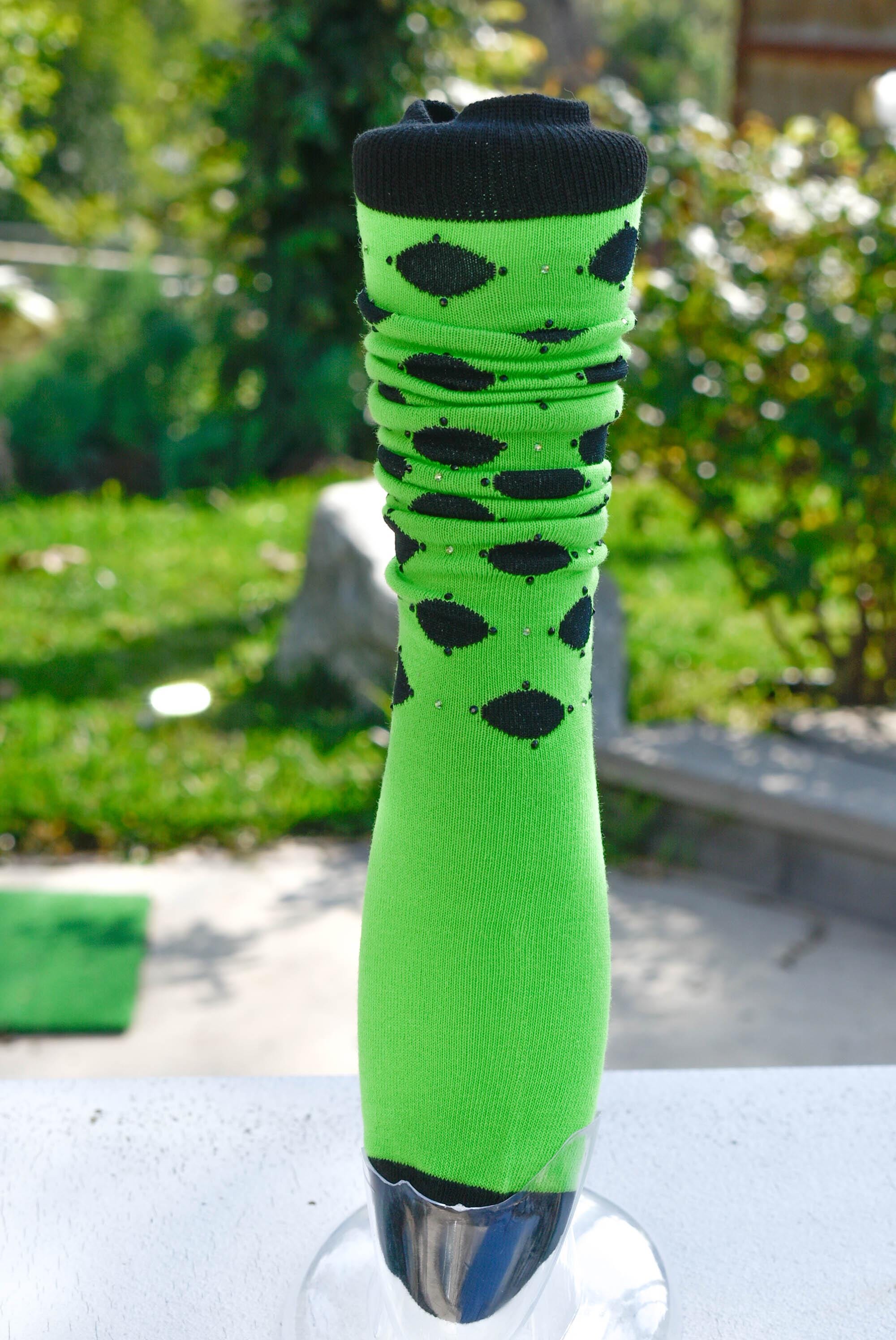 Girls Women Fashion Green Knee High Black Polka Dot Bling Iridescent Rhinestone Embellished Size 9-11 Stocking Stuffer Gifts Party Socks