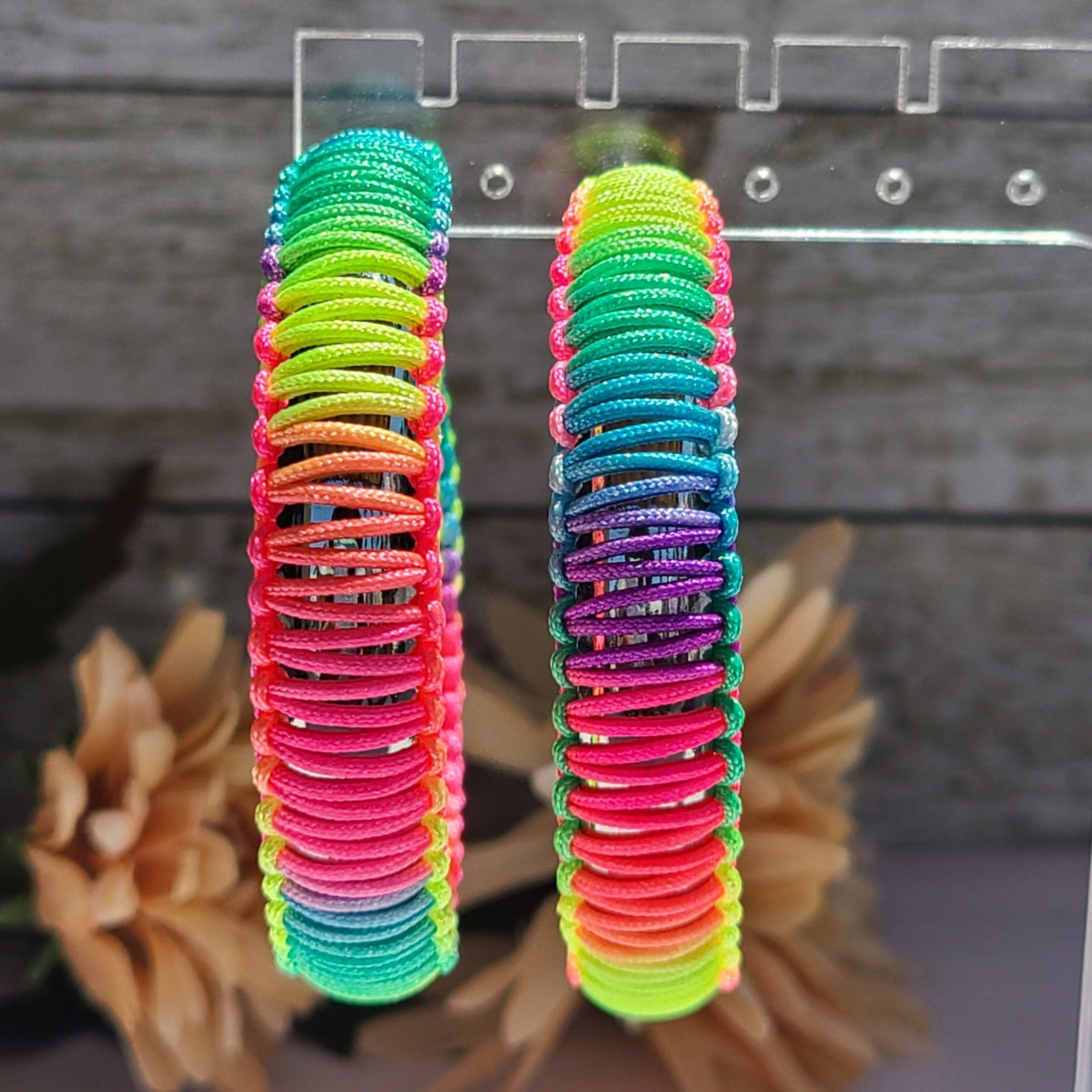 Statement Bold 80's Vibes Boho Retro Neon Multicolor Threaded Lever Back Hoop Earrings Women Gifts Costumes Bachelorette