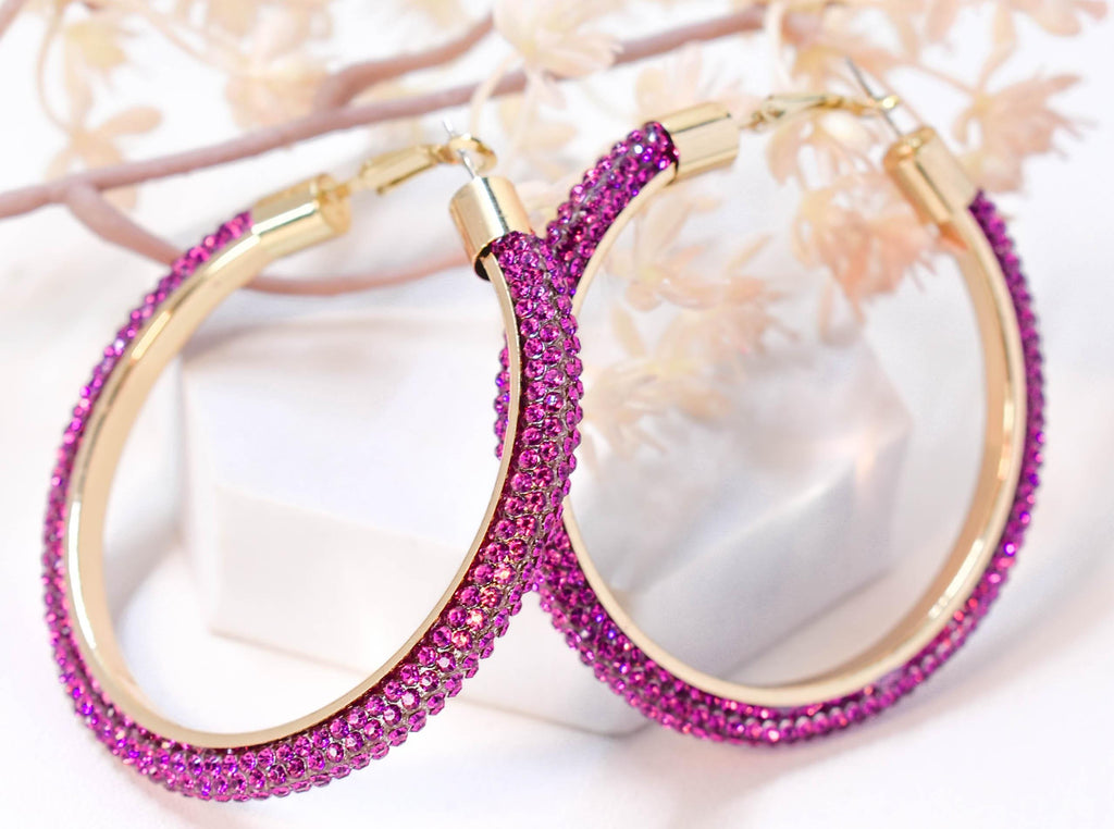 2.5" Large Fuschia Pink Bling Diva Pave Resin Set Rhinestone Hoop Earrings Women Party Night Out
