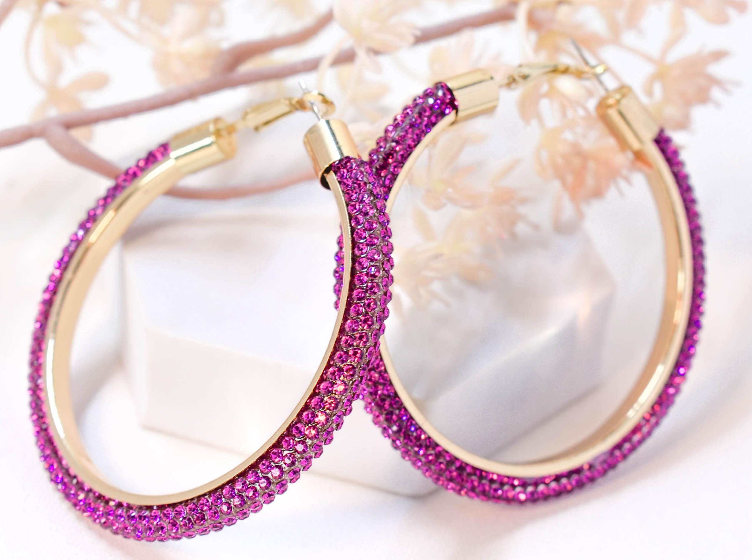 2.5" Large Fuschia Pink Bling Diva Pave Resin Set Rhinestone Hoop Earrings Women Party Night Out
