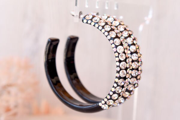 Black 5 Row Bling Statement Acrylic Lucite AB/Clear Rhinestones 2.5" Women's Hoop Earrings Pageant Weddings Night Out Diva Pageant