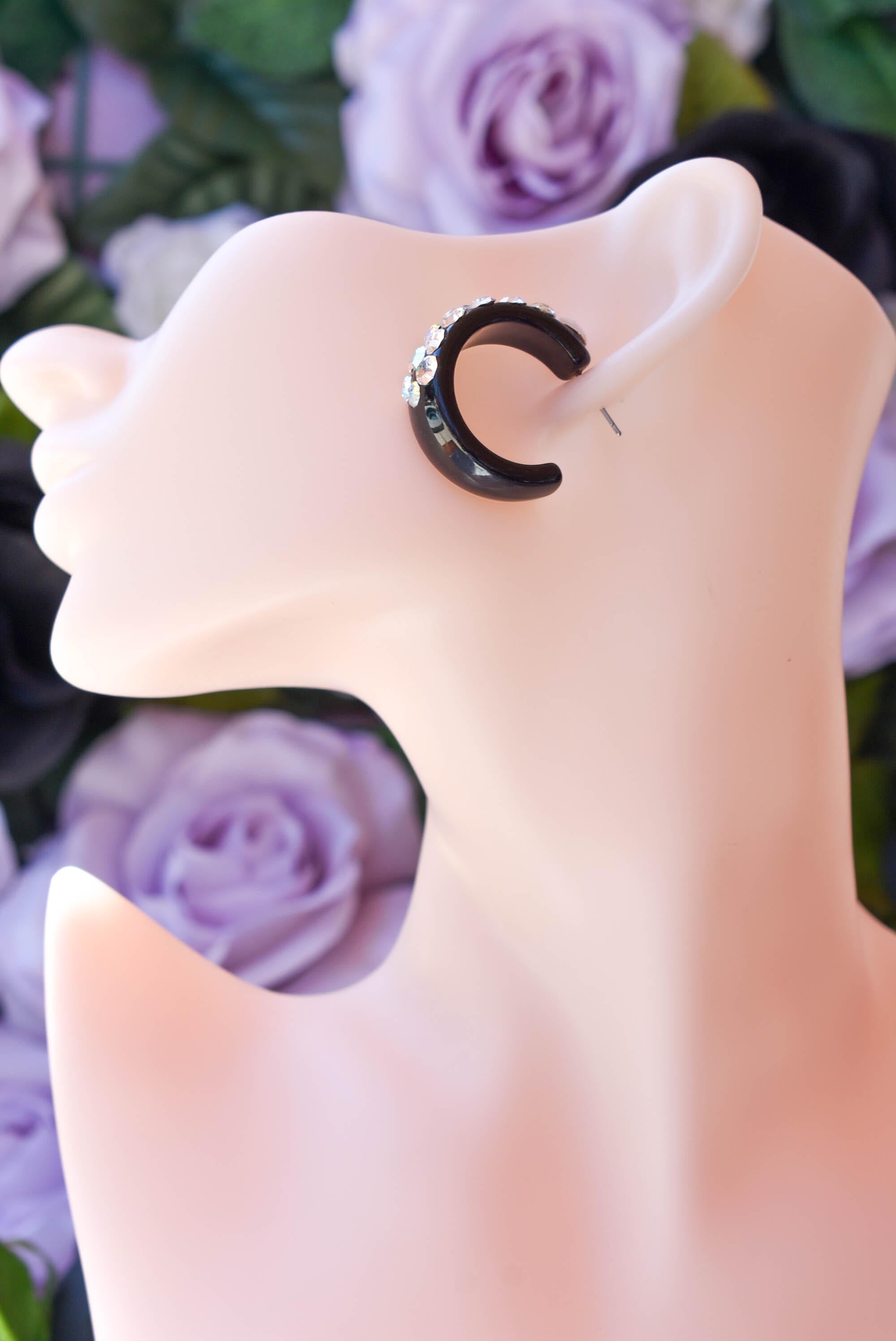 Black Bling Statement Semi Wide Clear/AB Rhinestones 1" Women's Hoop Earrings Pageant Weddings Night Out Diva Pageant