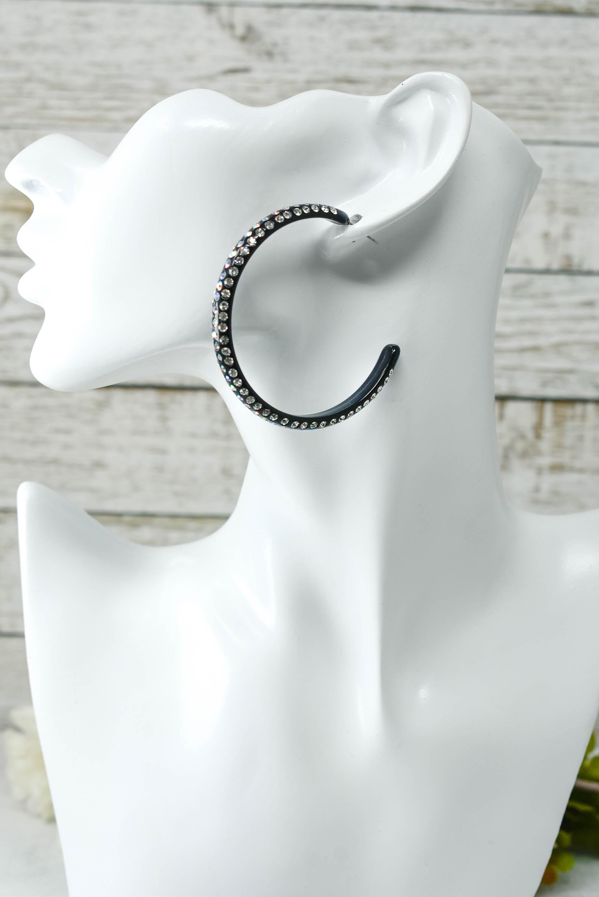 Black 3 Row Bling Statement Acrylic Lucite AB Iridescent Rhinestones 2.25" Women's Hoop Earrings Pageant Weddings Night Out Diva Pageant