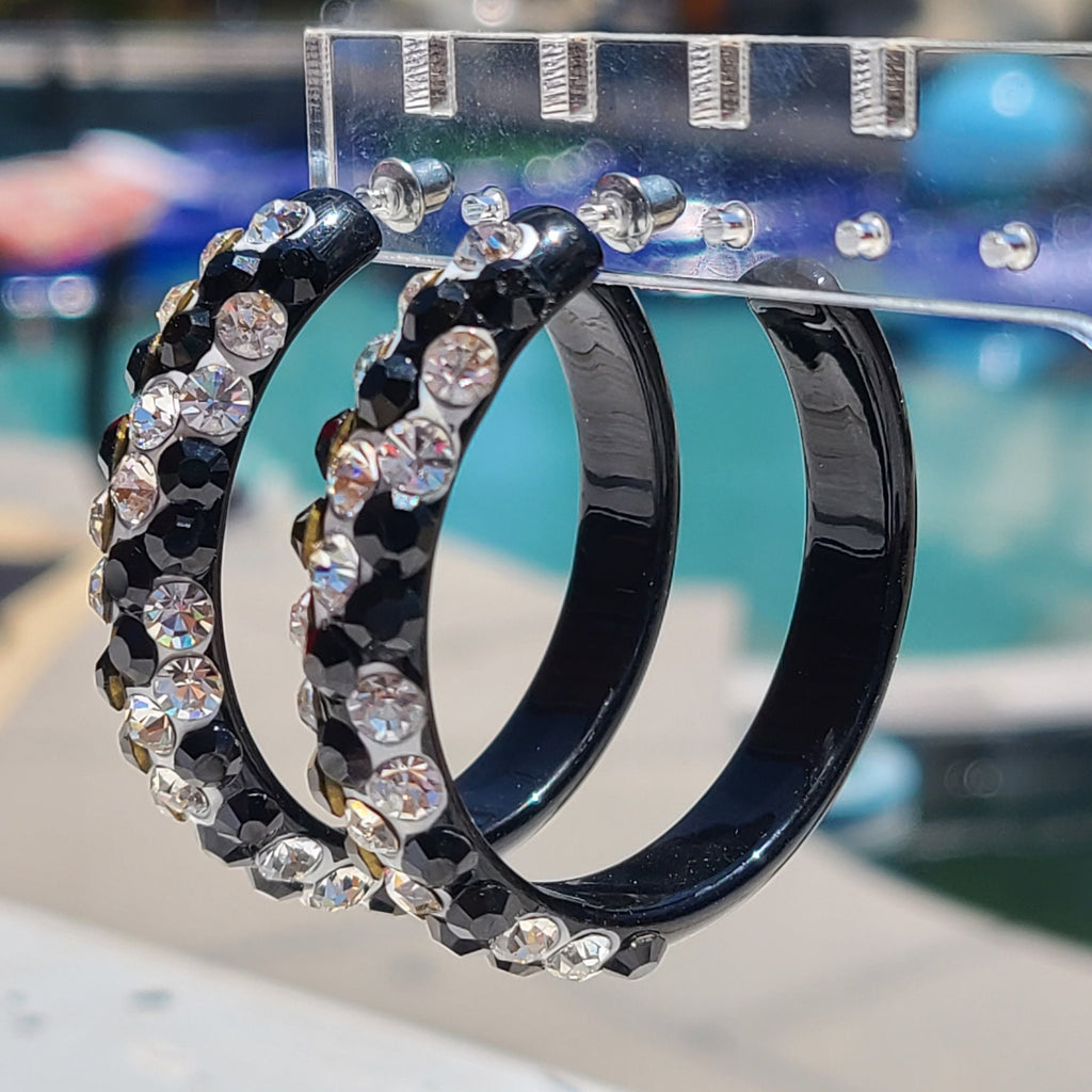 Black Bling Statement Acrylic Lucite Clear/Black Rhinestones 2" Women's Hoop Earrings with White Paint Accent Pageant Weddings Night Out