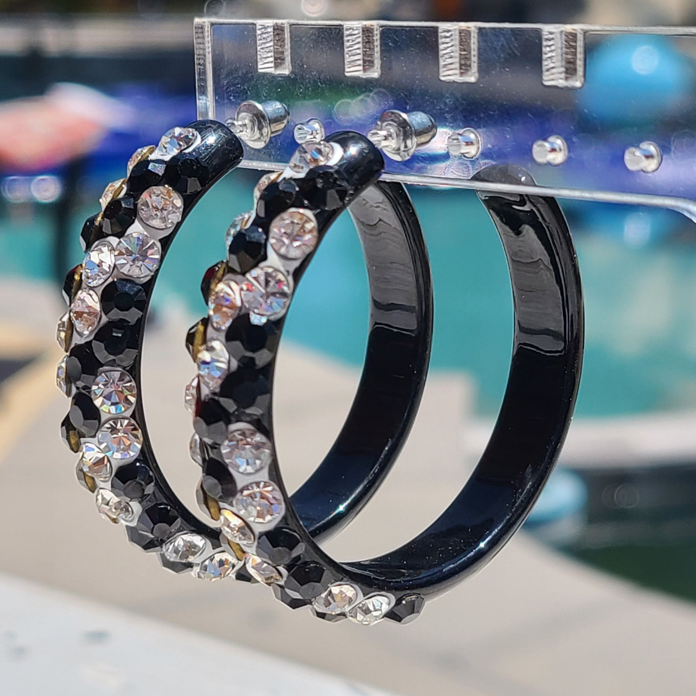 Black Bling Statement Acrylic Lucite Clear/Black Rhinestones 2" Women's Hoop Earrings with White Paint Accent Pageant Weddings Night Out