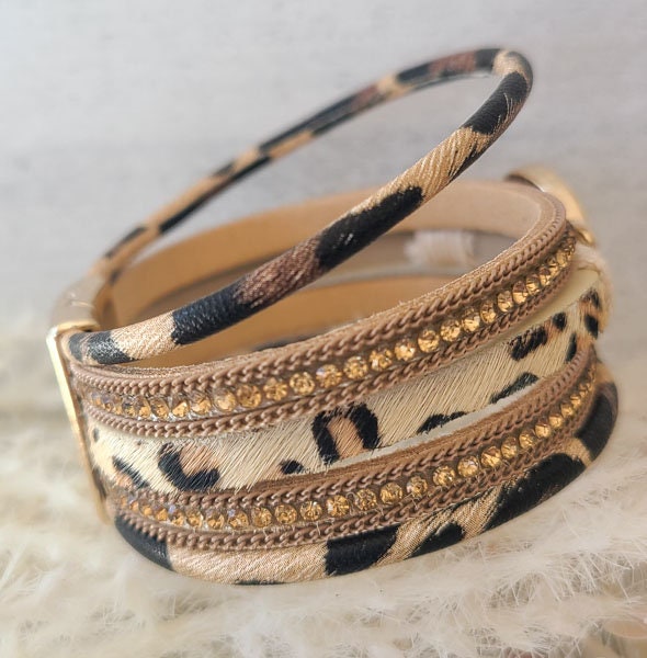 Faux Fur Cheetah Print & Rhinestone Cuff Bangle Magnetic Bracelet Statement Bling Fashion Pageant Night Out Wedding