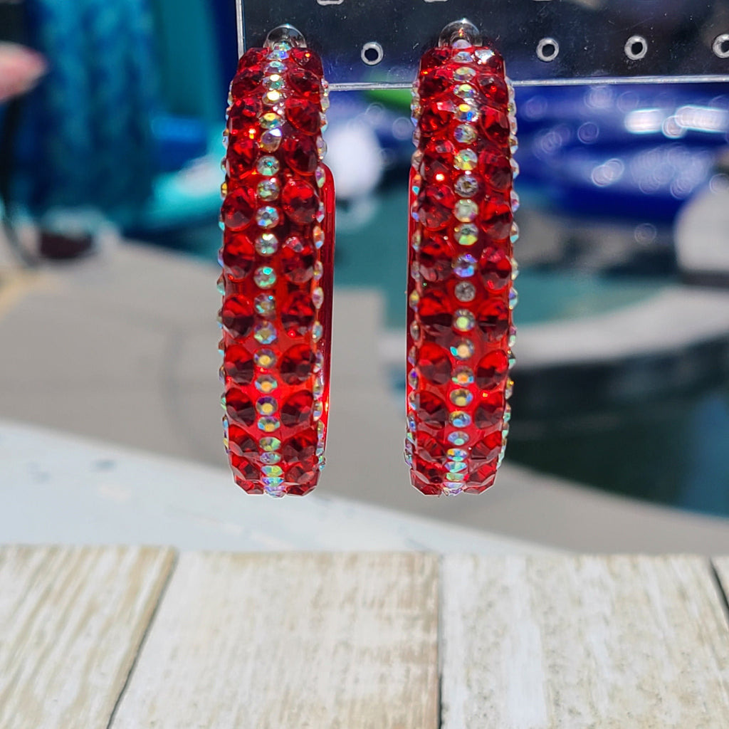 Translucent Red 5 Row Bling Statement Acrylic Lucite Red/AB Rhinestones 2" Women's Hoop Earrings Pageant Weddings Night Out