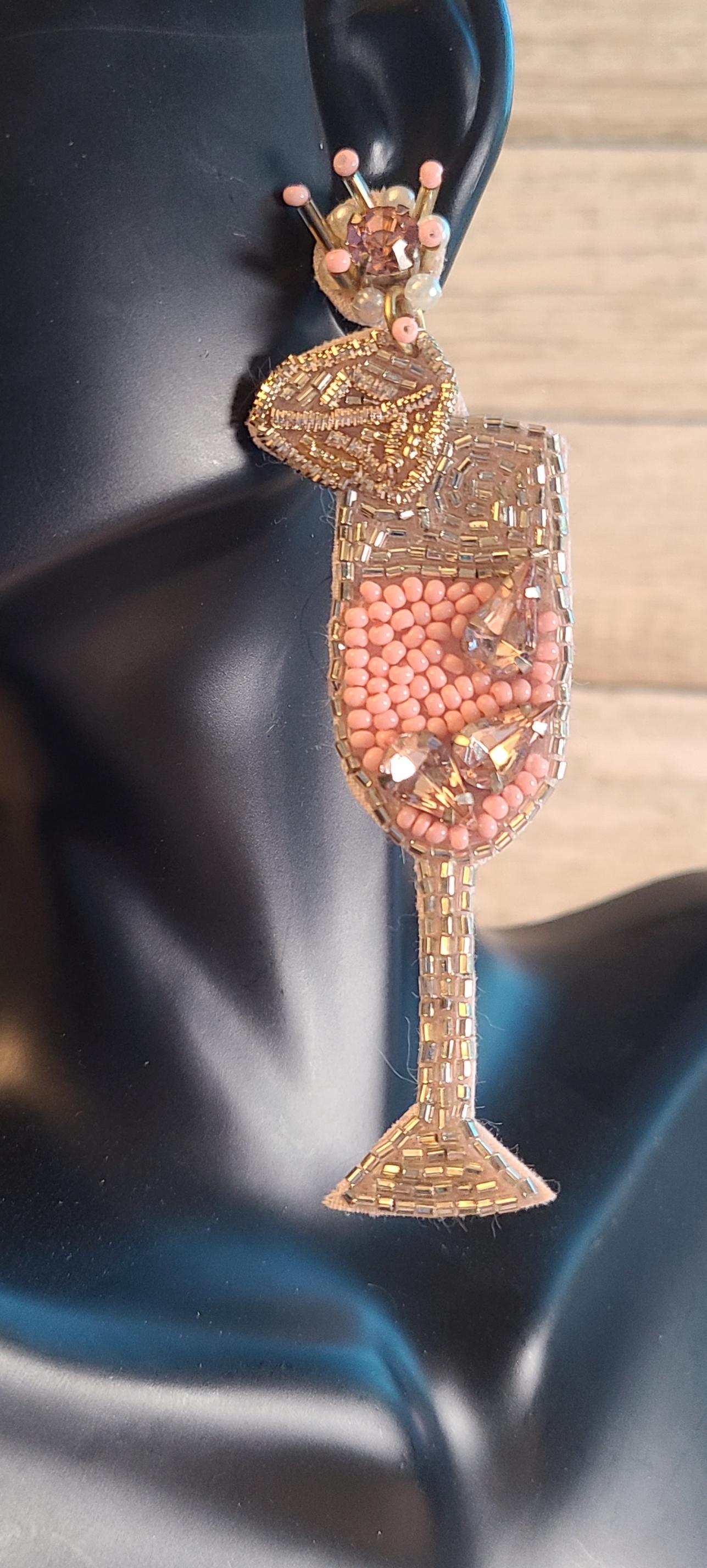 Bachelorette Bridal Shower Statement Pink Seed Bead Rhinestone Accent Champagne Flute Glass Dangle Drop Earrings Women Weddings Bride