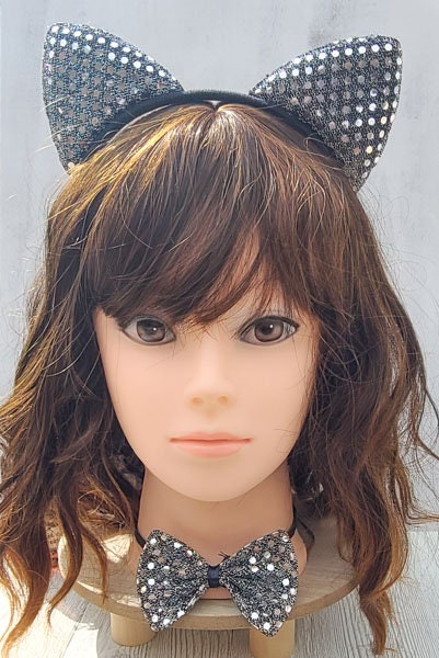Halloween Costume Cosplay Sequin Style Silver/Black Cat Ears Headband and Matching Bow Tie Kids Adults Dress Up