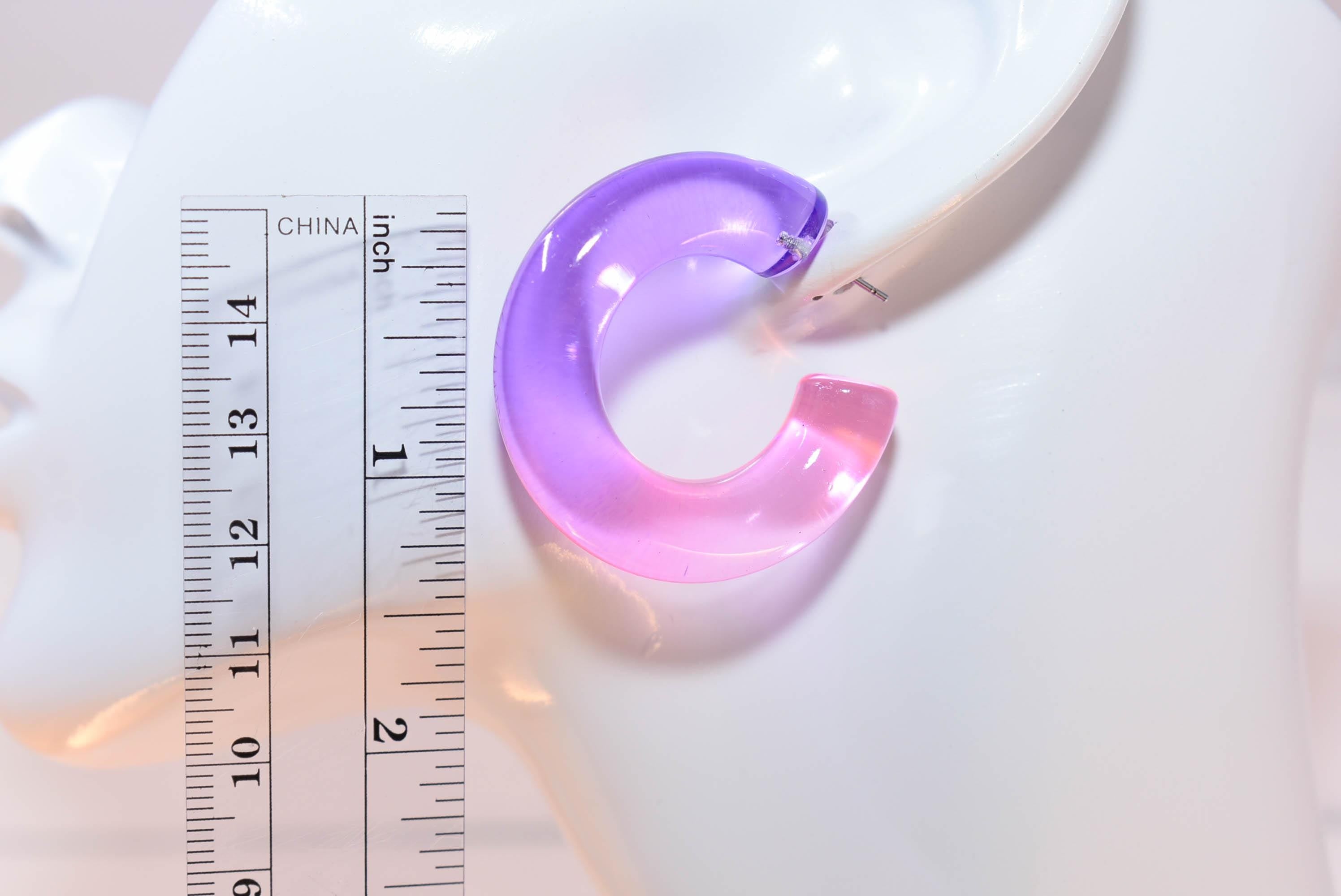 Translucent Gradient Purple Pink Retro Boho Semi Chunky Lucite Ombre Jelly 1.5" Hoop Earrings