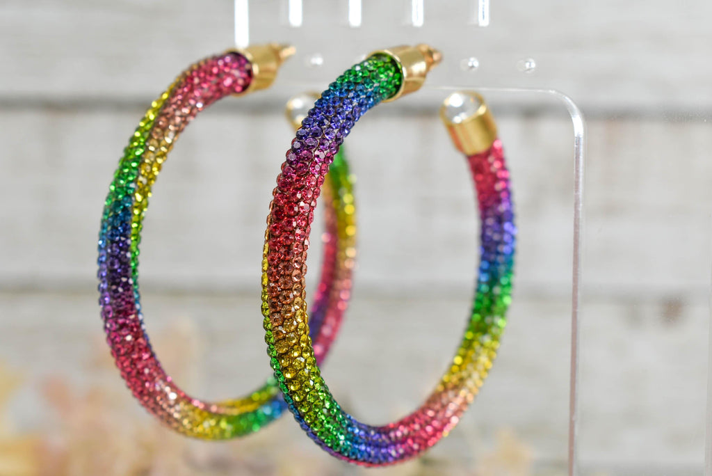2.5" Ladies Bohemian Multicolor Rainbow Rhinestone Sparkle Wrap Pave Open Hoop Earrings Stone Accent Women Party Night Out