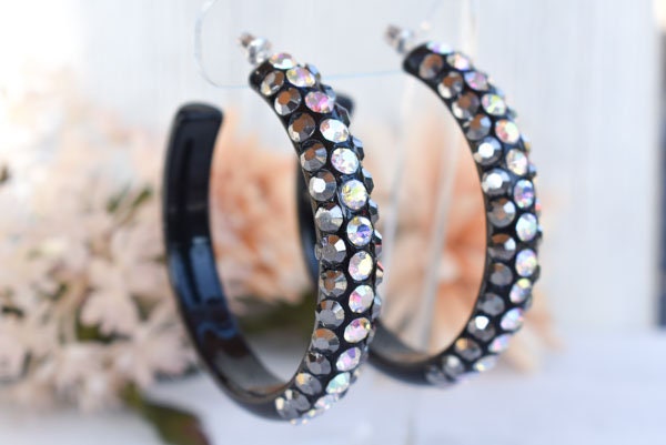 Black 3 Row Bling Statement Acrylic Lucite Hematite Gray/AB Rhinestones 2.5" Women's Hoop Earrings Pageant Weddings Night Out