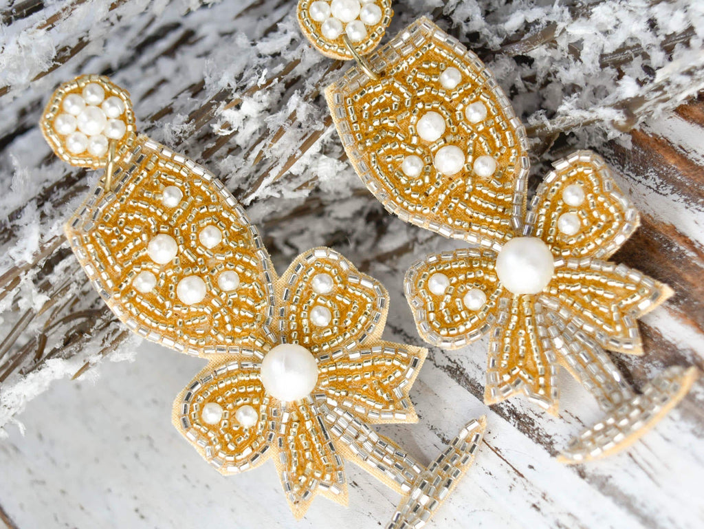Bachelorette Bridal Shower Statement Gold Color Seed Bead Bow Accent Champagne Flute Glass Dangle Drop Earrings Women Weddings Bride