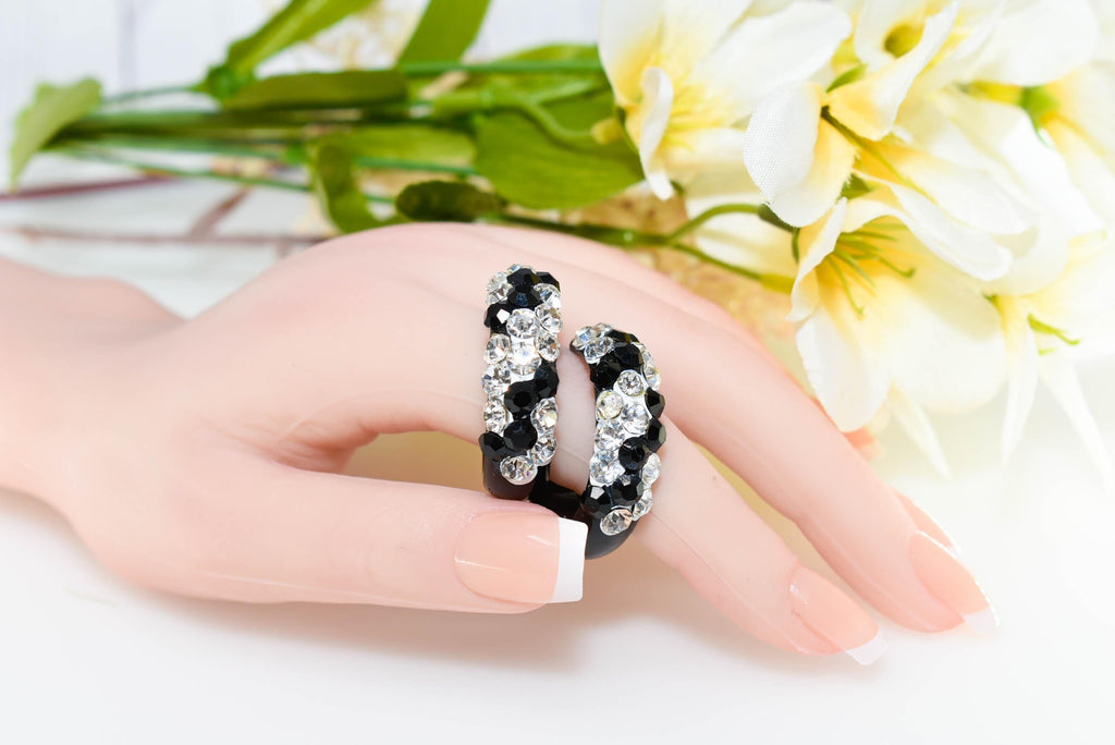 Black Bling Statement Acrylic Lucite Clear/Black Rhinestones 1.25" Women's Hoop Earrings with White Paint Accent Pageant Weddings Night Out