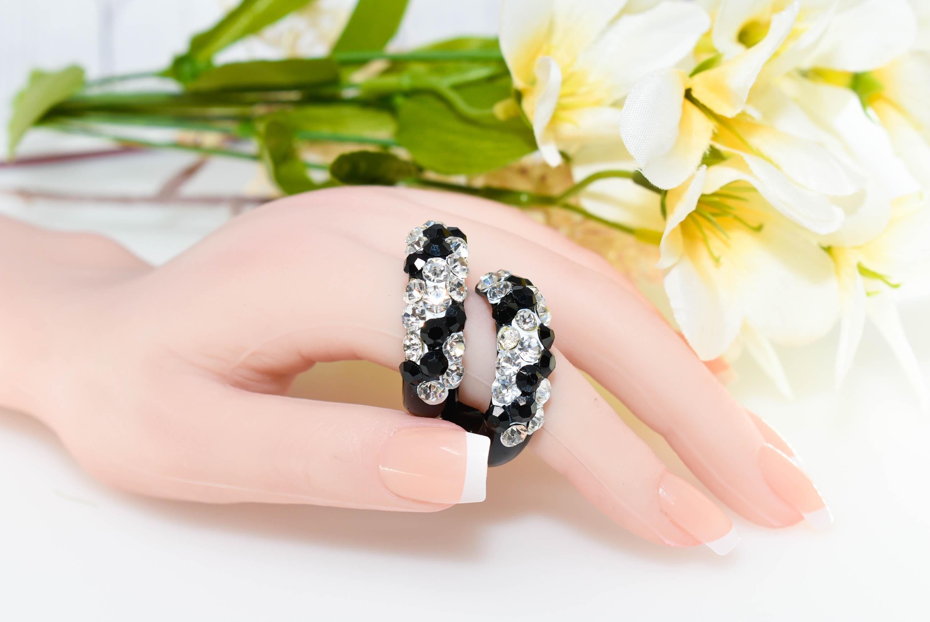 Black Bling Statement Acrylic Lucite Clear/Black Rhinestones 1.25" Women's Hoop Earrings with White Paint Accent Pageant Weddings Night Out