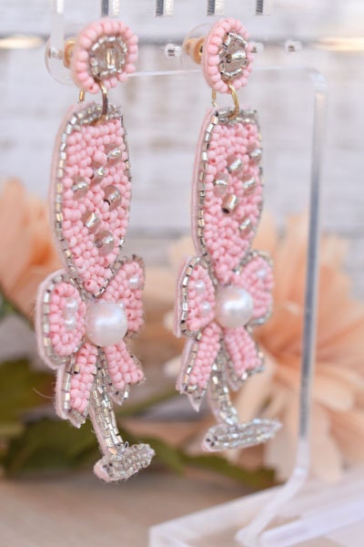 Bachelorette Bridal Shower Statement Pink Seed Bead Bow Accent Champagne Flute Glass Dangle Drop Earrings Women Weddings Bride