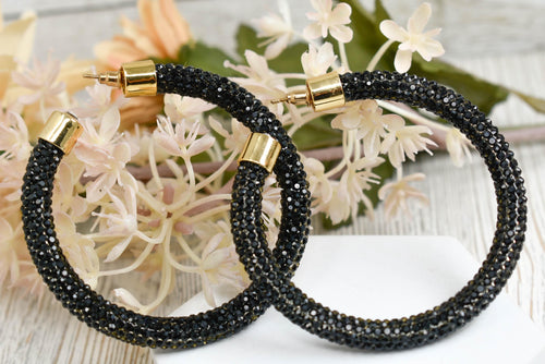 2.5" Ladies Bohemian Black Rhinestone Sparkle Wrap Pave Open Hoop Earrings Stone Accent Women Party Night Out