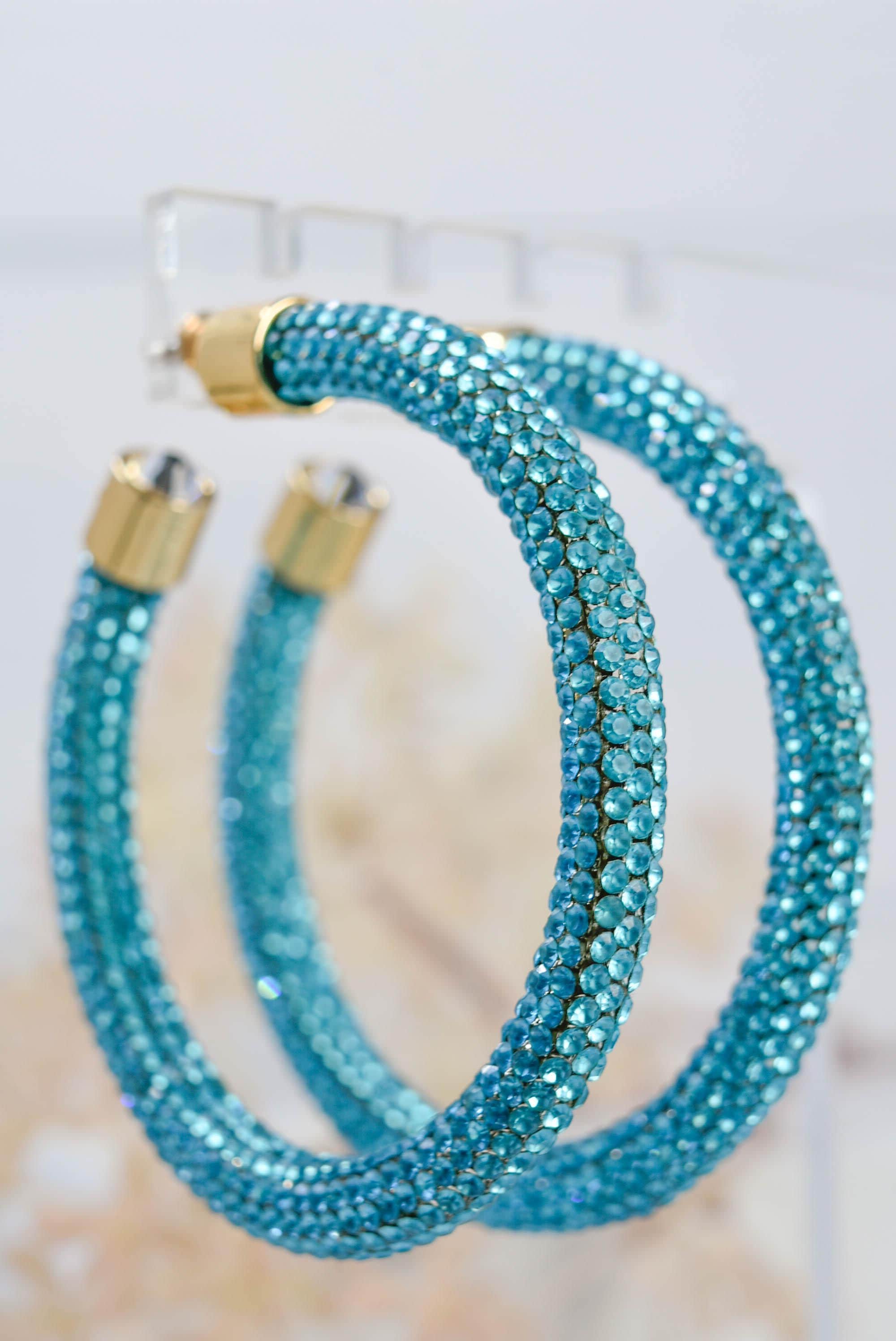 2.5" Ladies Bohemian Blue  Rhinestone Sparkle Wrap Pave Open Hoop Earrings Stone Accent Women Party Night Out
