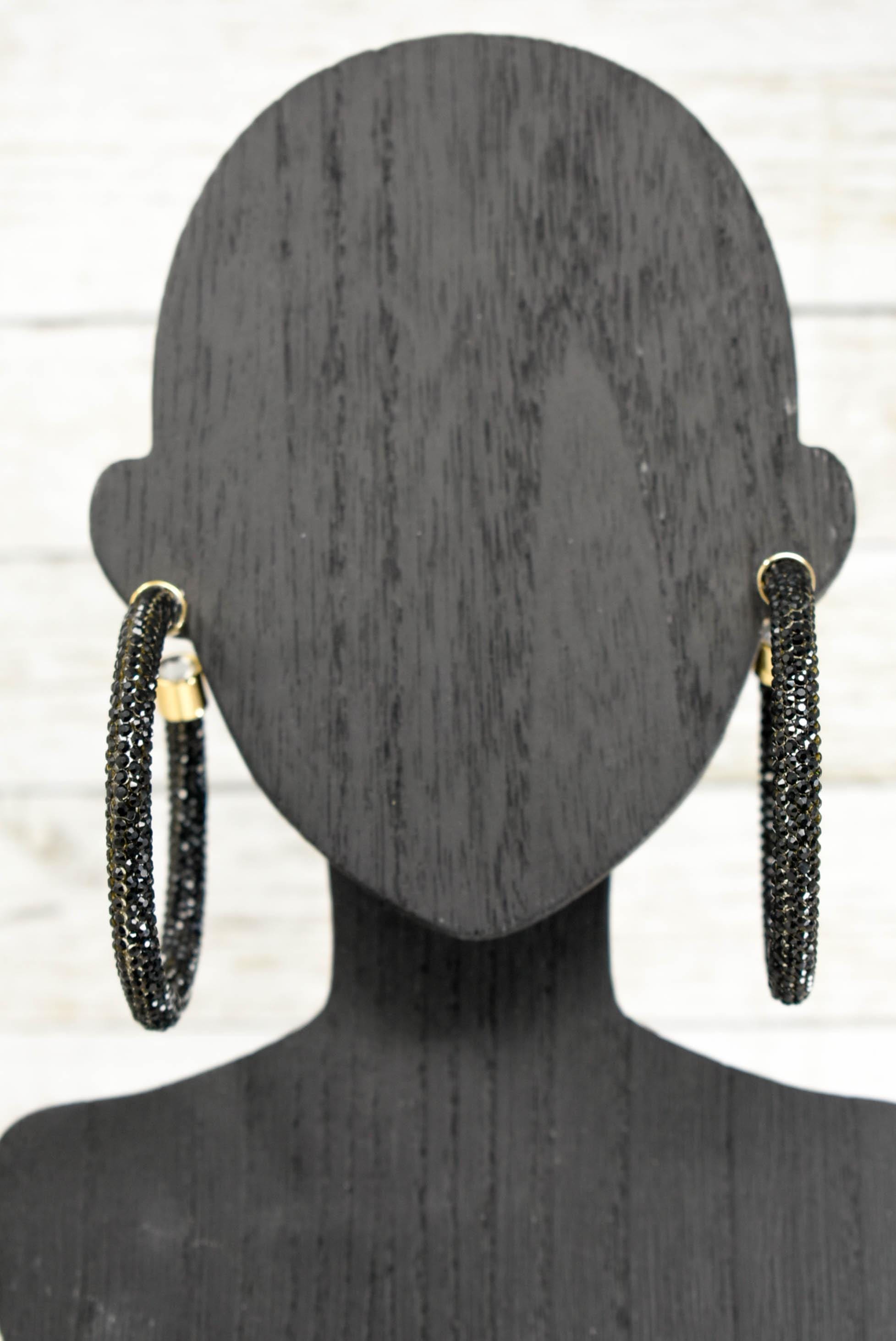 2.5" Ladies Bohemian Black Rhinestone Sparkle Wrap Pave Open Hoop Earrings Stone Accent Women Party Night Out
