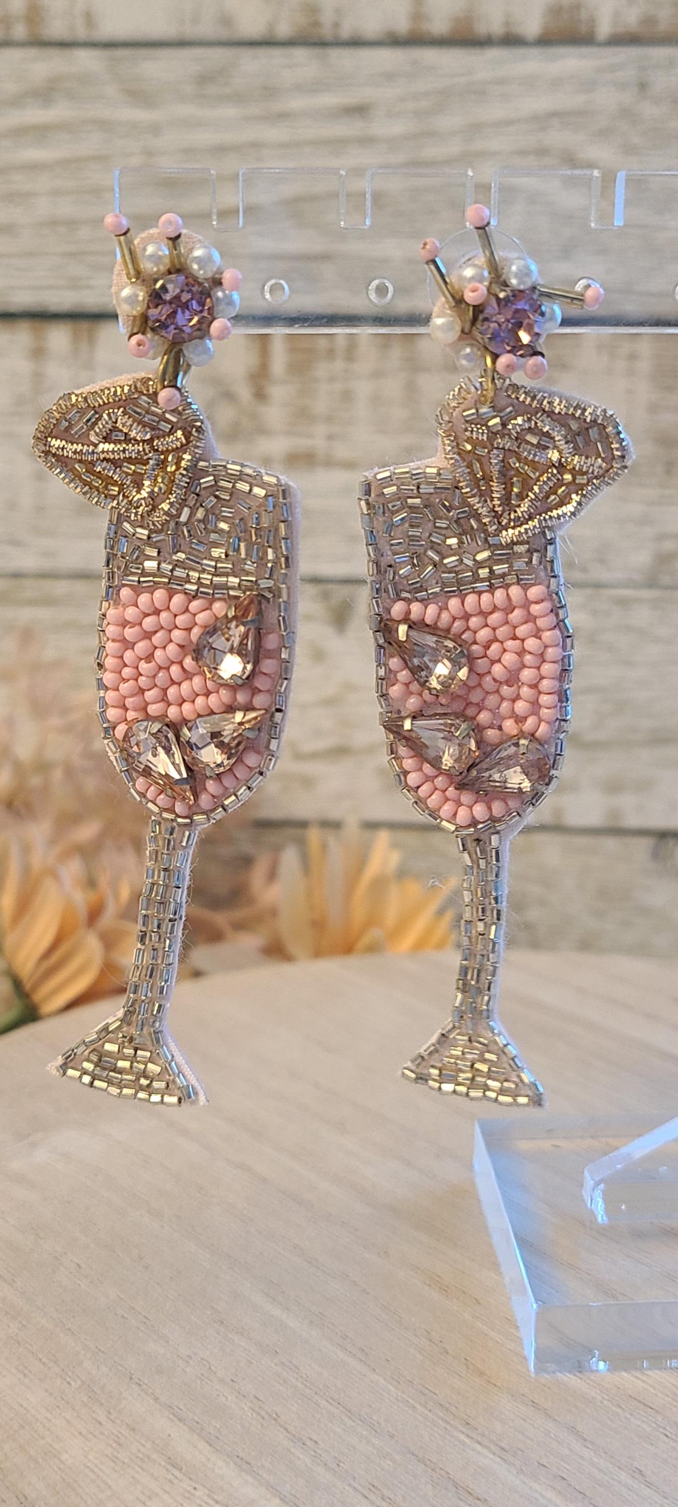 Bachelorette Bridal Shower Statement Pink Seed Bead Rhinestone Accent Champagne Flute Glass Dangle Drop Earrings Women Weddings Bride