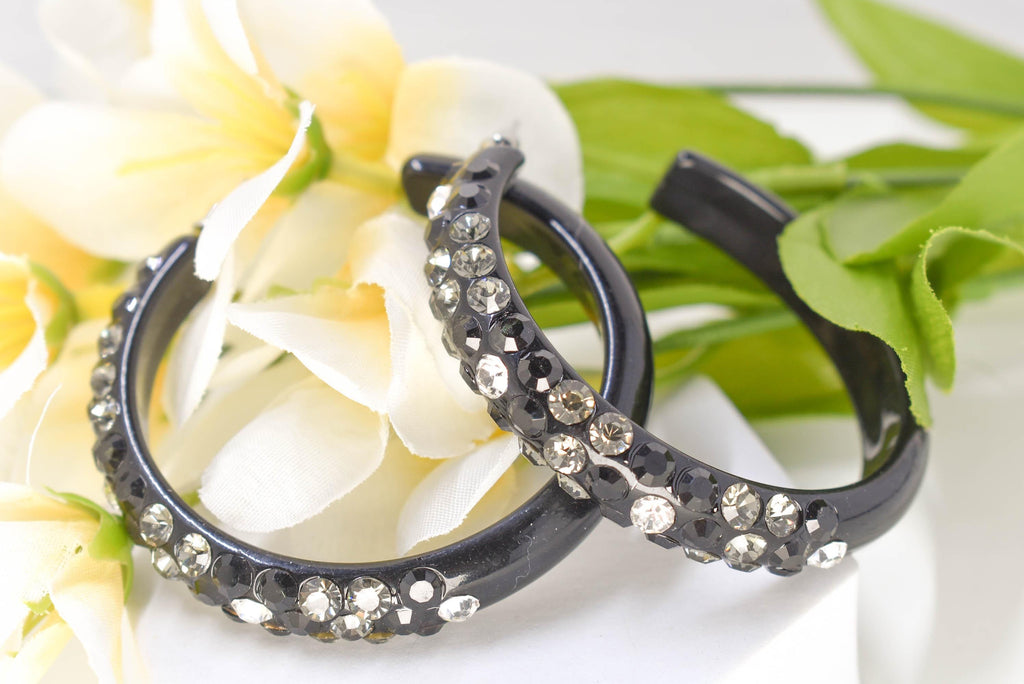 Black Diagonal Pattern Statement Acrylic Lucite Clear-Smoke-Black Rhinestones 2.5" Women's Hoop Earrings Pageant Weddings Night Out