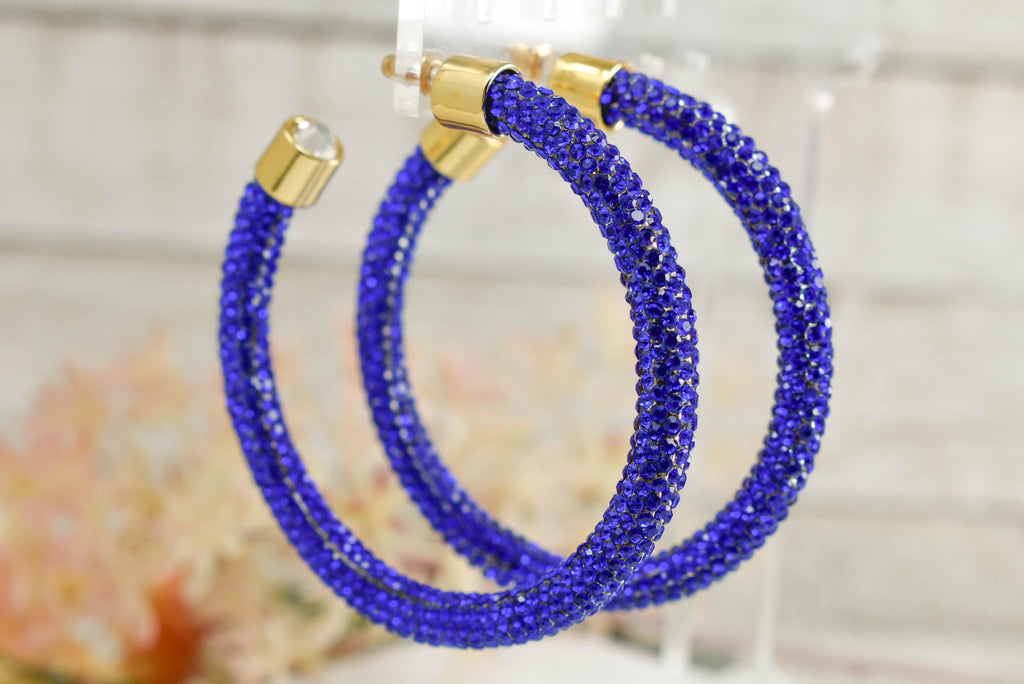 2.5" Ladies Bohemian Royal Blue Rhinestone Sparkle Wrap Pave Open Hoop Earrings Stone Accent Women Party Night Out