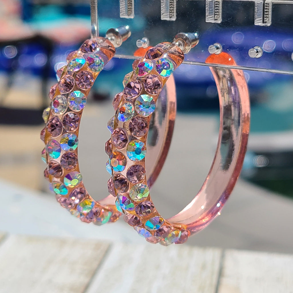 Translucent Pink Bling Statement Acrylic Lucite Clear Pink/AB Rhinestones 2" Women's Hoop Earrings Pageant Weddings Night Out