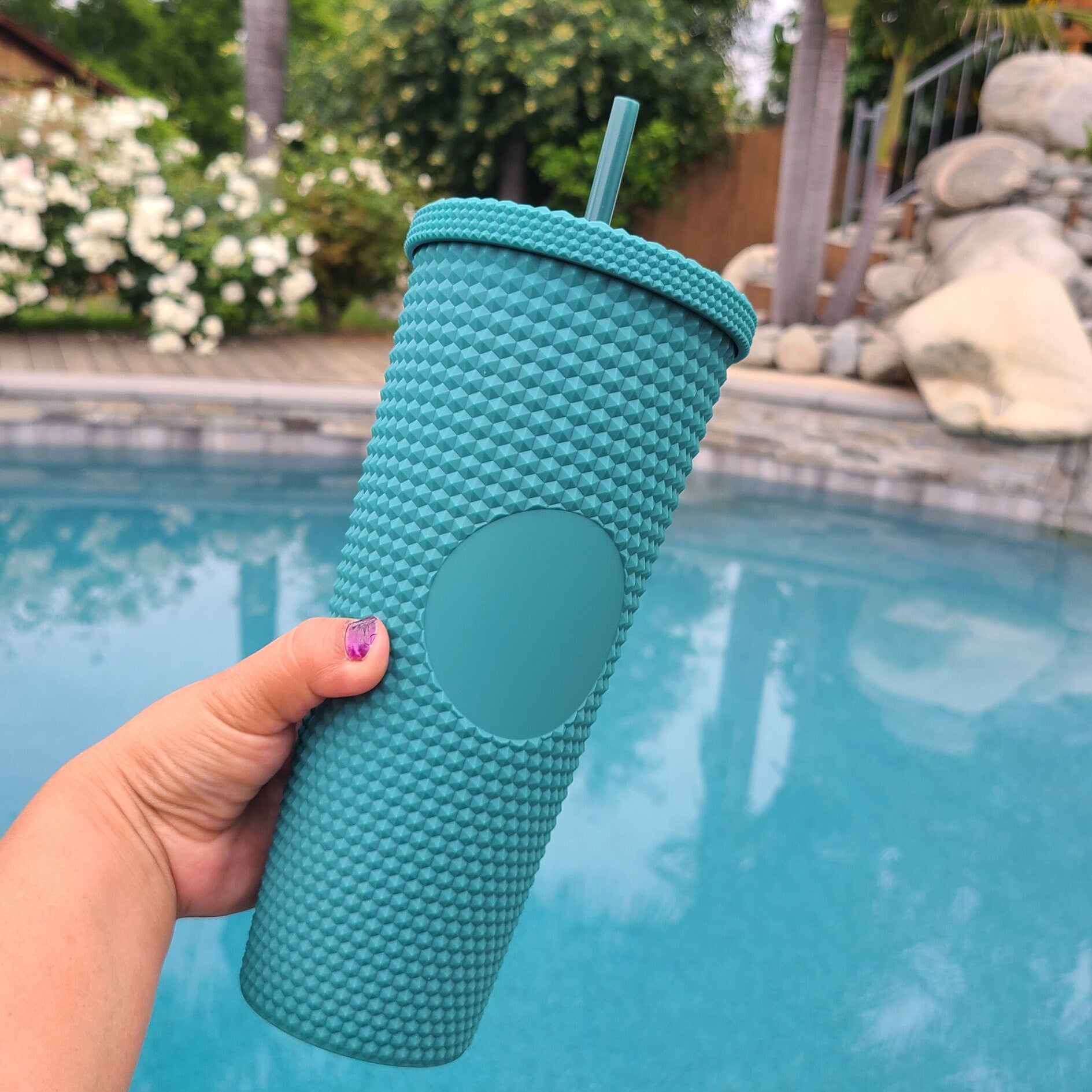 24oz Green Matte Studded Soft Texture To Go Travel Tumbler Cup Blank Center Circle with Lid and Matching Straw