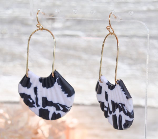 Boho Fashion Statement Handmade Polymer Clay "Casey" Dangle Drop Earrings Gifts Women Black and White