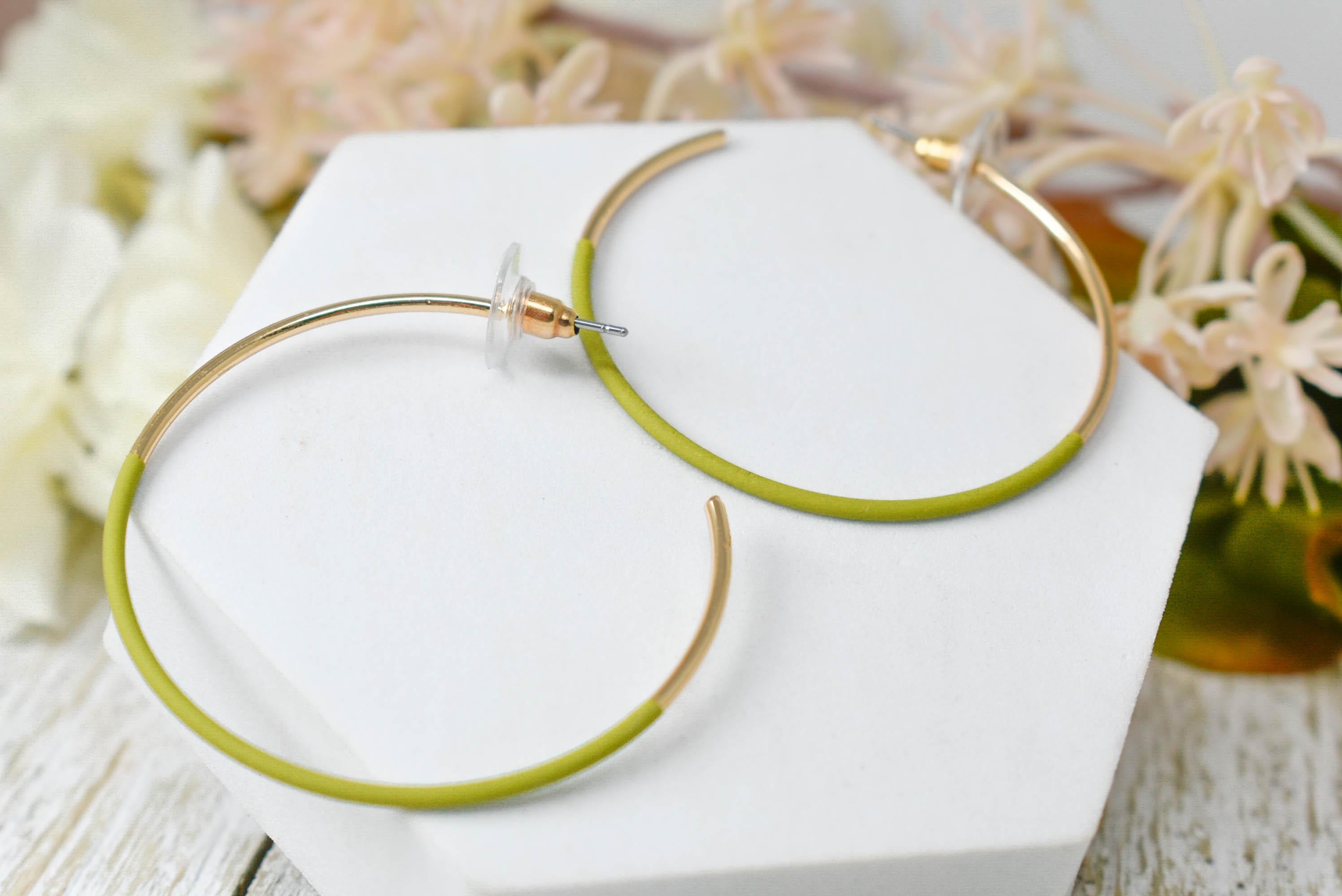 Bohemian Lightweight 1.75" Gold Tone Hoop Earrings Featuring Part Olive Green Matte Coating Midway Summer Fashion Classic Earrings