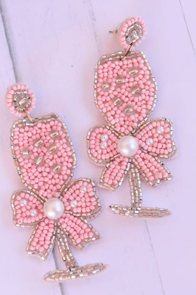 Bachelorette Bridal Shower Statement Pink Seed Bead Bow Accent Champagne Flute Glass Dangle Drop Earrings Women Weddings Bride