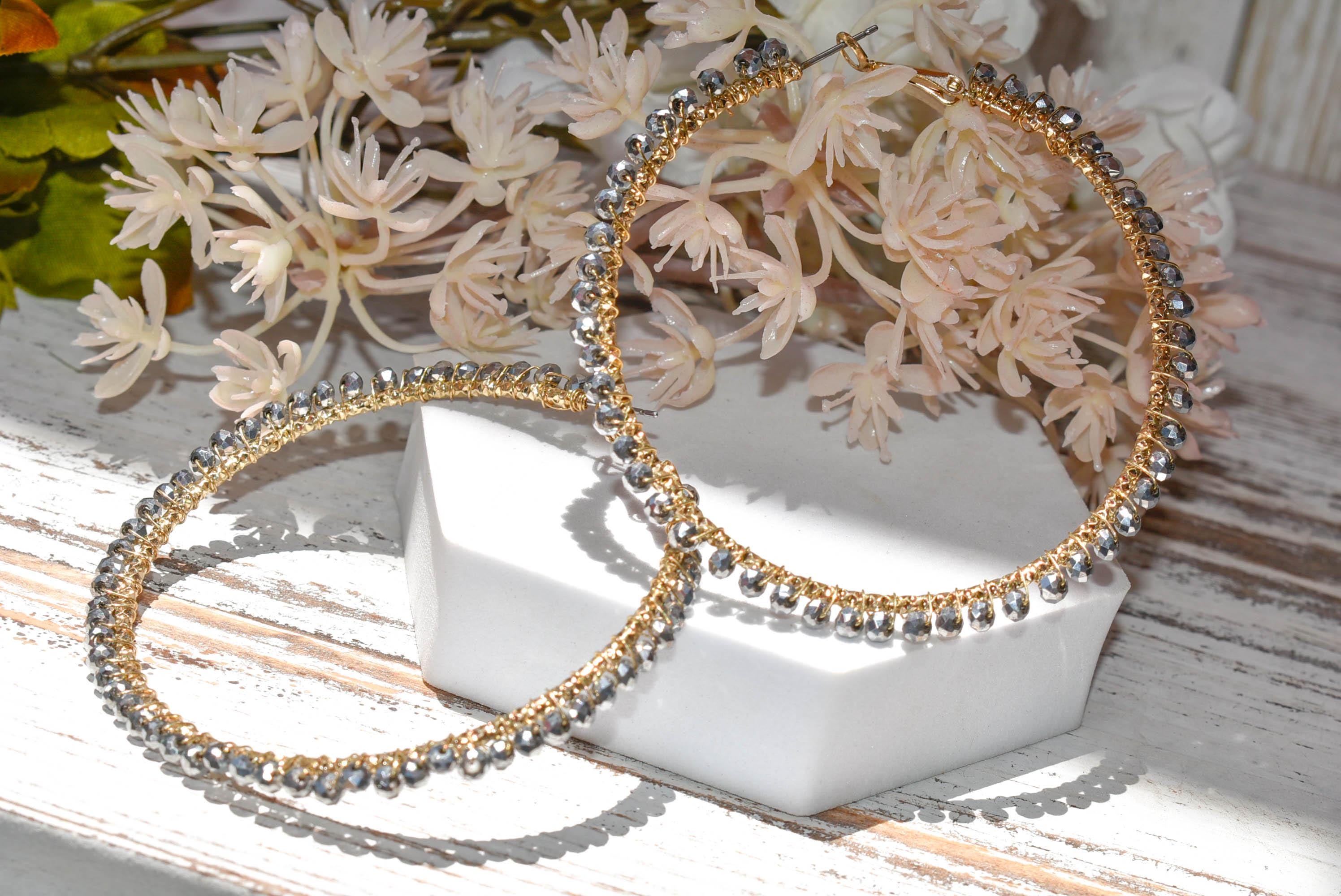 Statement Boho Hematite Gray Mini Crystal Glass Beads 2.75" Gold Tone Hoop Earrings Stylish Jewelry Women's Fashion Diva Accessory Pageant