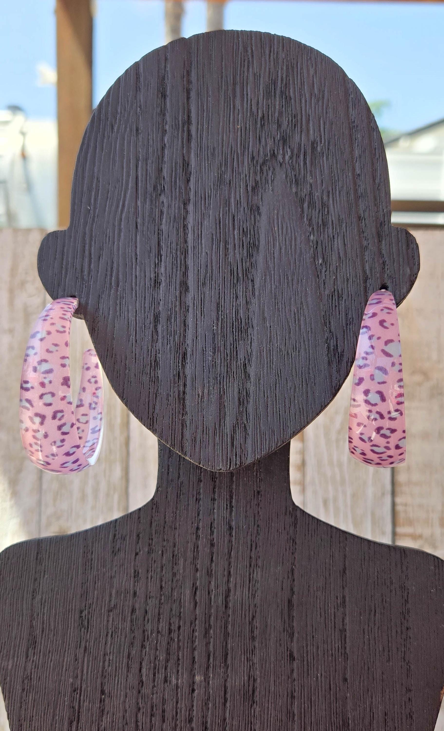 Translucent Pink Acetate Leopard Print Hoop Earrings 2" Stylish Statement Chic Hoops Animal Print Earrings