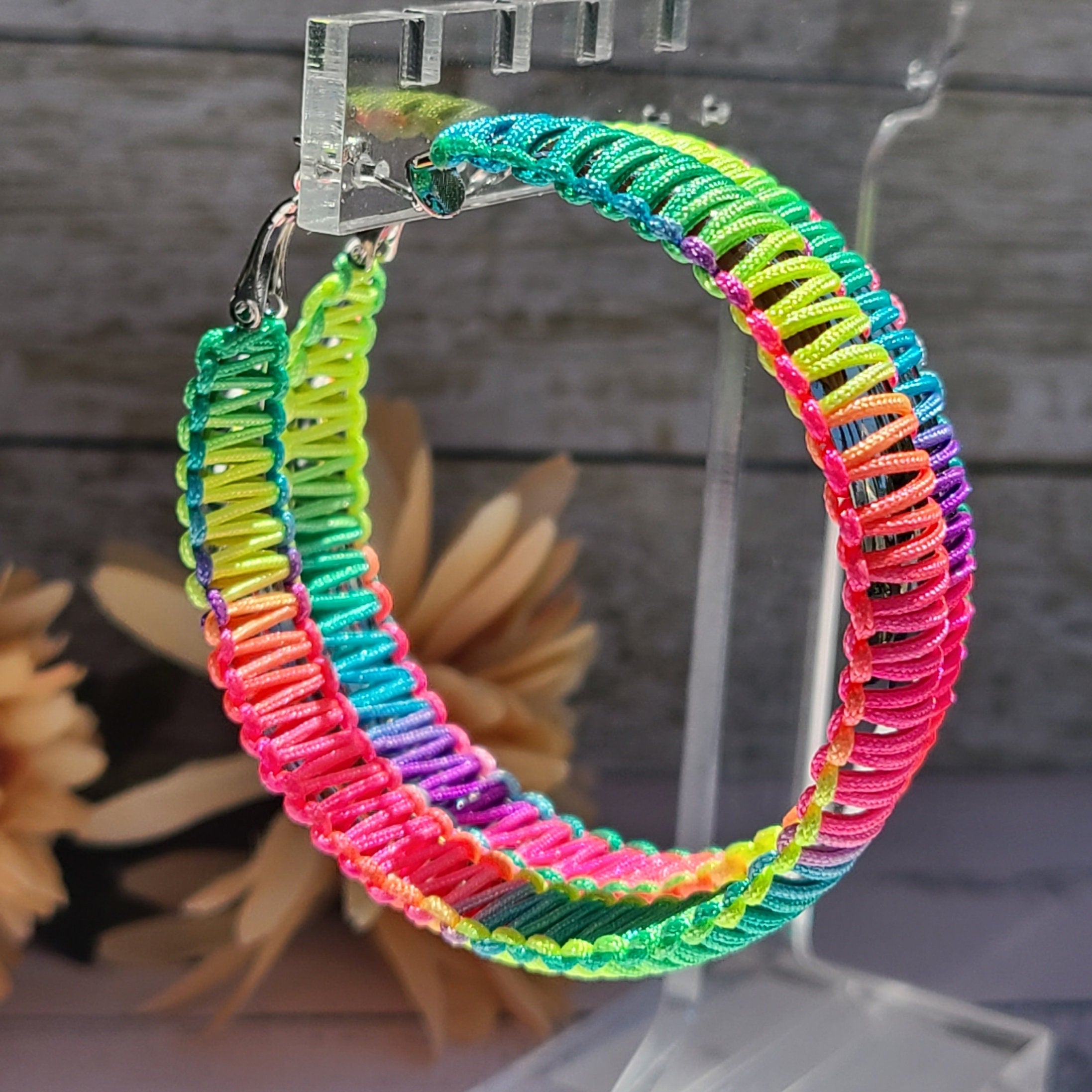 Statement Bold 80's Vibes Boho Retro Neon Multicolor Threaded Lever Back Hoop Earrings Women Gifts Costumes Bachelorette