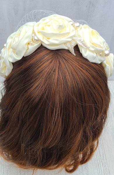 Ivory Satin Rose Bridal Headband: Wedding Veil Fascinator
