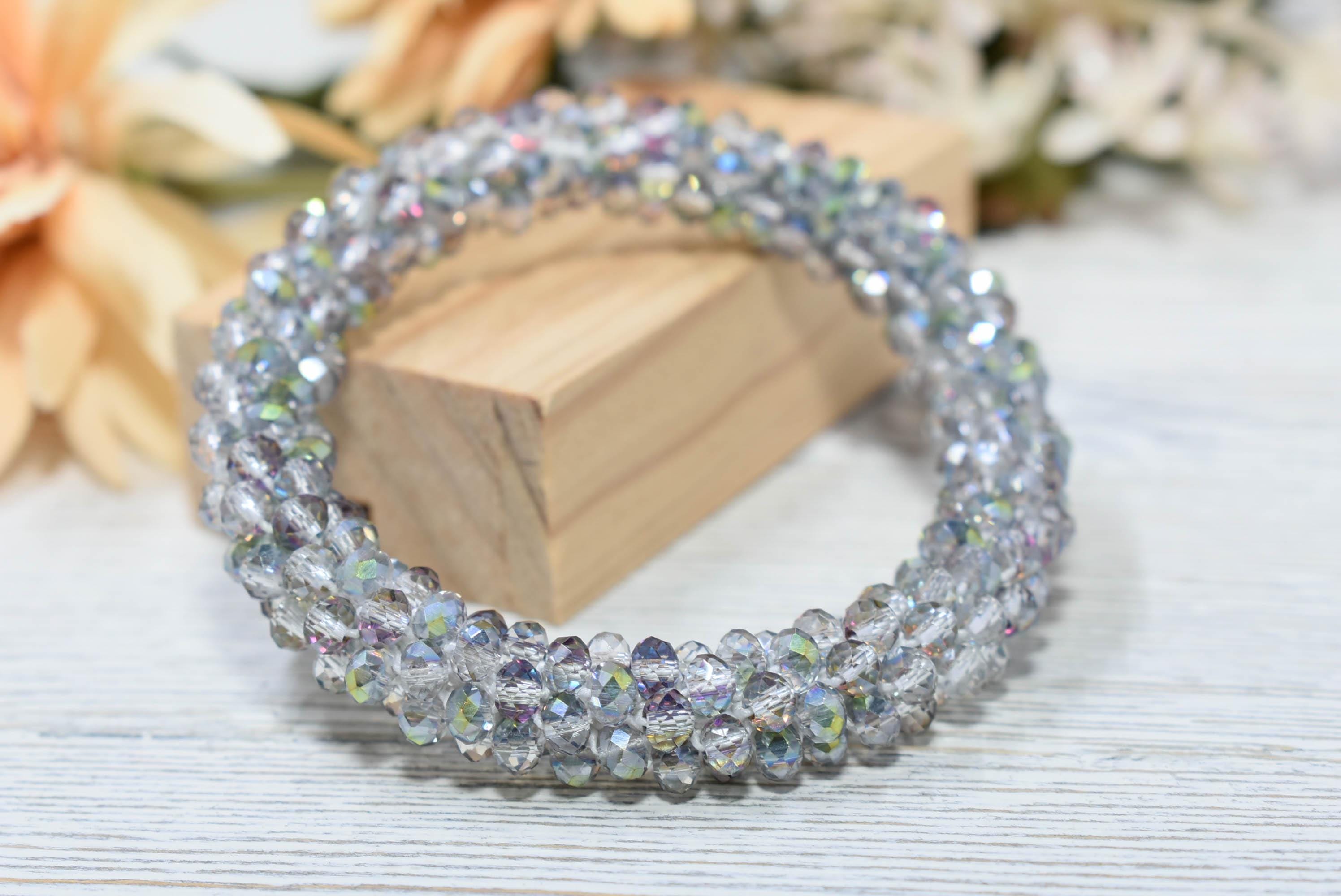 Elegant Clear Iridescent Gray Mini Glass Crystal Bead Cluster Stretch Bracelet