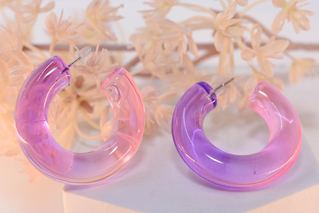 Translucent Gradient Purple Pink Retro Boho Semi Chunky Lucite Ombre Jelly 1.5" Hoop Earrings