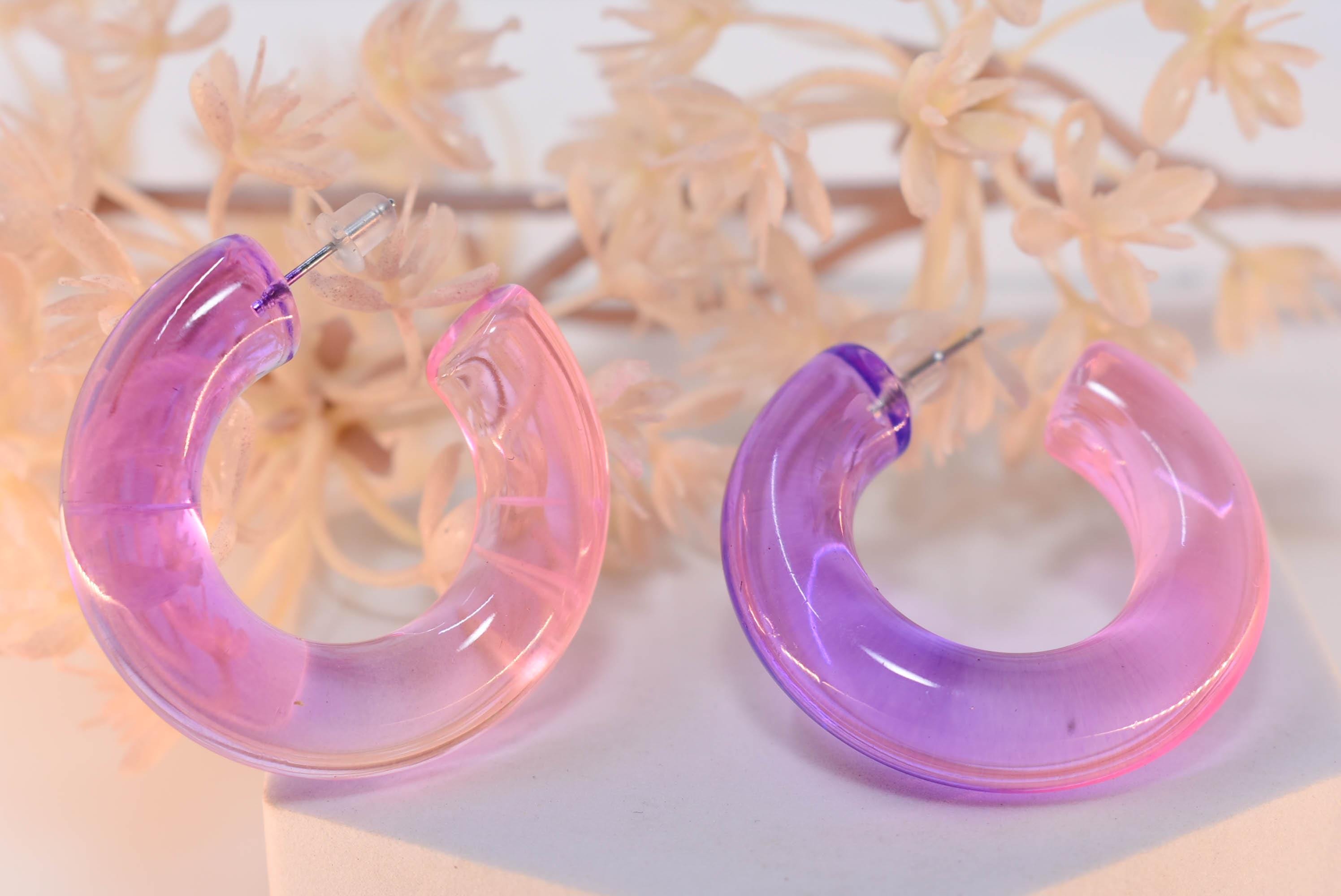 Translucent Gradient Purple Pink Retro Boho Semi Chunky Lucite Ombre Jelly 1.5" Hoop Earrings