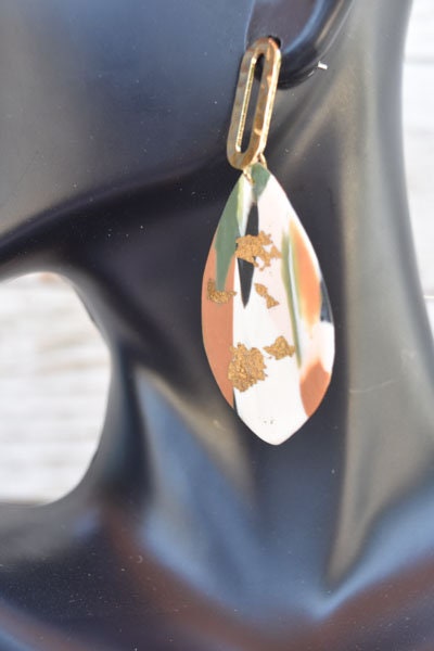 Boho Fashion Statement Handmade Camouflage Polymer Clay Gold Flakes "Abby Army" Dangle Drop Earrings Gifts Women