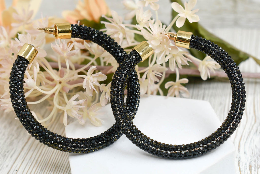 2.5" Ladies Bohemian Black Rhinestone Sparkle Wrap Pave Open Hoop Earrings Stone Accent Women Party Night Out
