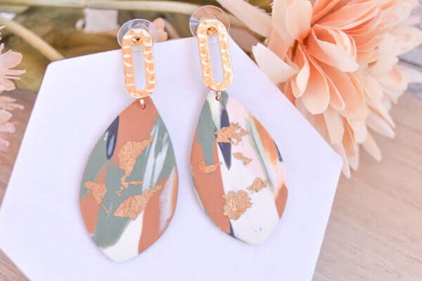 Boho Fashion Statement Handmade Camouflage Polymer Clay Gold Flakes "Abby Army" Dangle Drop Earrings Gifts Women