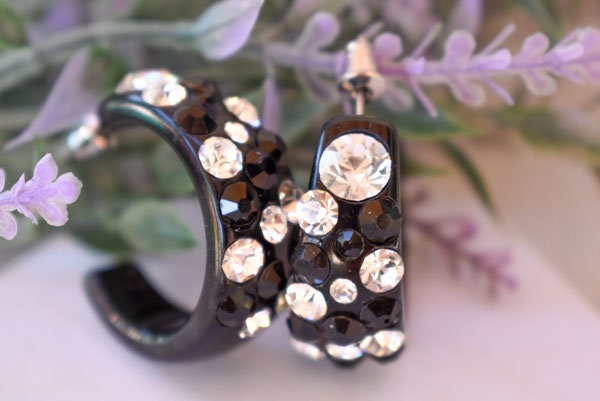 Black Bling Statement Semi Wide Lucite Black/Clear Diagonal Rhinestones 1" Women's Hoop Earrings Pageant Weddings Night Out Diva Pageant