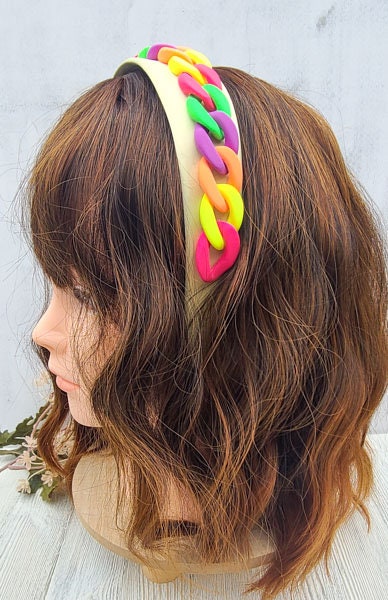 Colorful Retro 80's Vibe Satin Wide Headband with Neon Matte Chunky Chain Link Accent Costume Boho Hair Accessory Women Girls